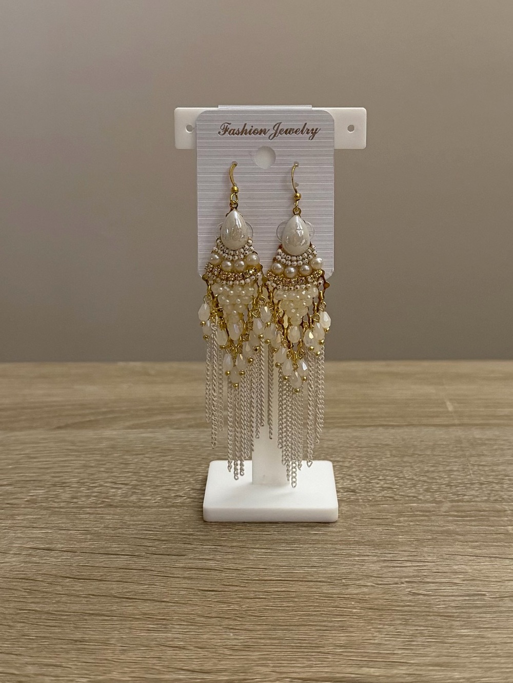 White Pearl Beaded Tassel Fringe Gold Tone Earrings New